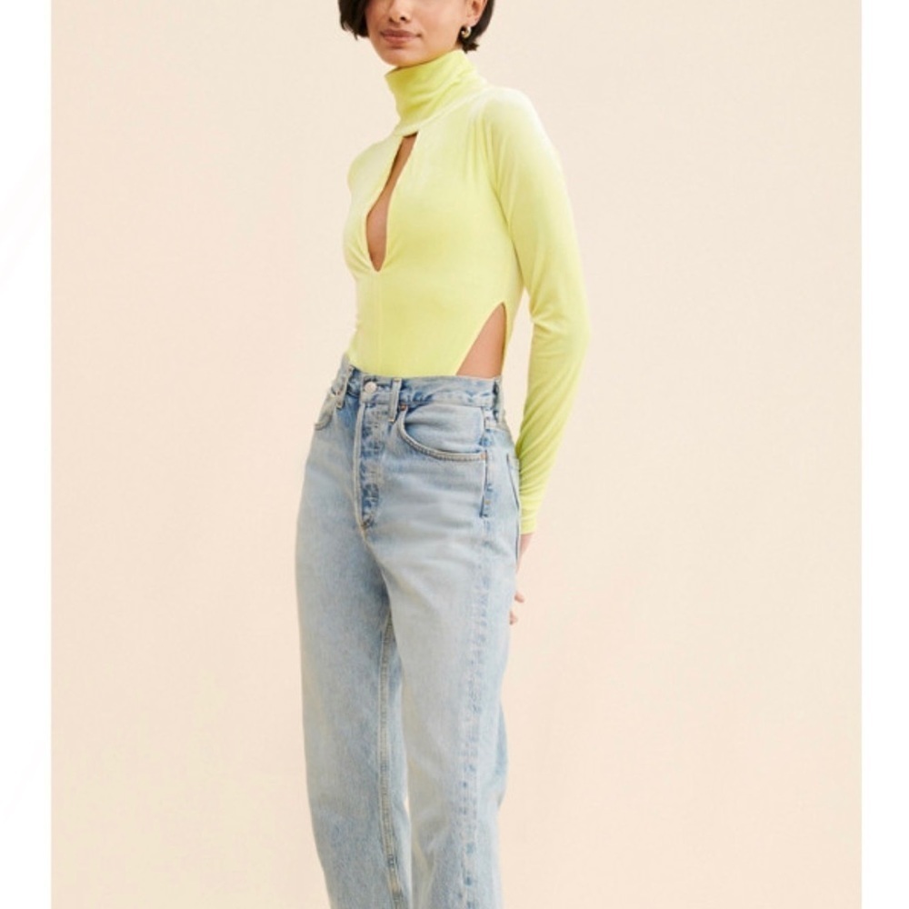 AFRM Dev Ribbed Velvet Cutout Detail Bodysuit In Sunny Lime